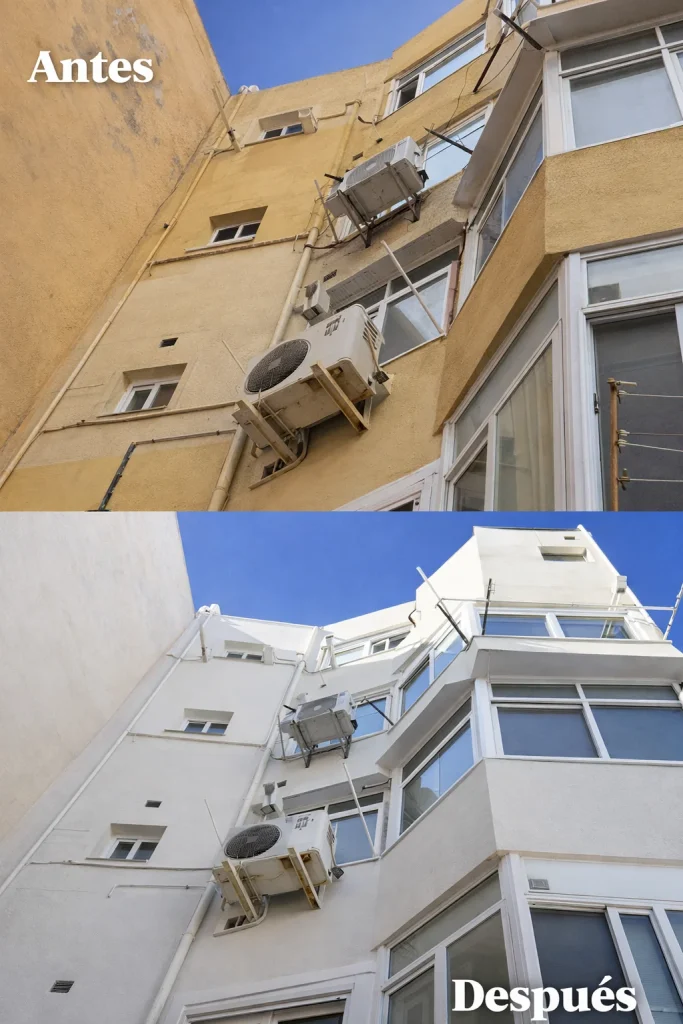 antes y después de pintura de fachadas en Barcelona con trabajos verticales