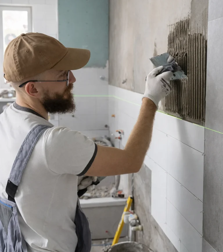trabajador colocando racholas en reforma de baño en Barcelona